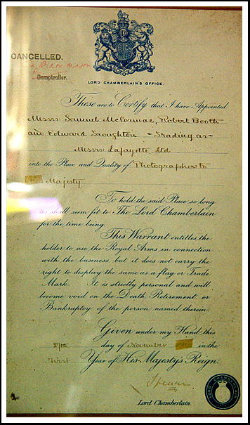 The original Royal Warrant granted to Lafayette Ltd. in 1887.