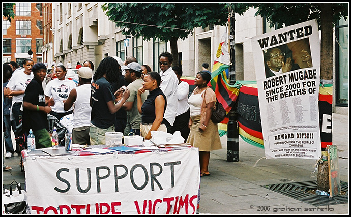 These comrades were protesting outside Zimbabwe House about the regime that has destroyed their country, spiritually and physically. Inflation is in the thousands of percent, and it takes a suitcase full of notes to buy a loaf of bread, if you can find one. Still, the South African government supplies Zimbabwe with fuel and maize in order to keep total anarchy at bay. For how much longer...?<br />*<br />*