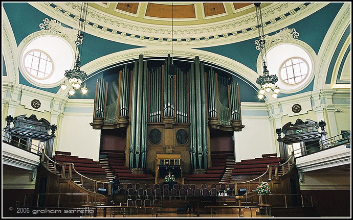 The interior of the Methodist Great Hall and the magnificent organ. This shot was taken by resting the camera on a handy wooden fitting and using the self timer, aperture priority and f8. The OTF metering of the OM2n is in it's element here.<br />*<br />*