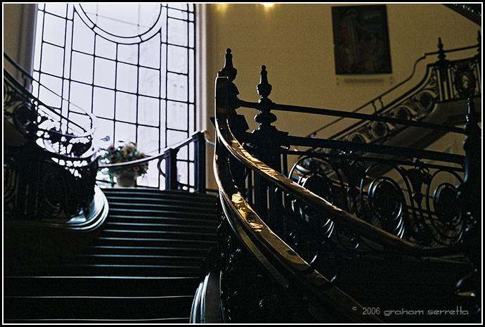 We also visited the Great Methodist Hall, the venue of the first meeting of the United Nations in 1953. Directly opposite Westminster Abbey, it has a magnificent marble double staircase with solid brass banisters. The shot was taken with my Olympus OM2n and Zuiko 50mm f1.4 lens, at f8 and 1/30th hand held.<br />*<br />*