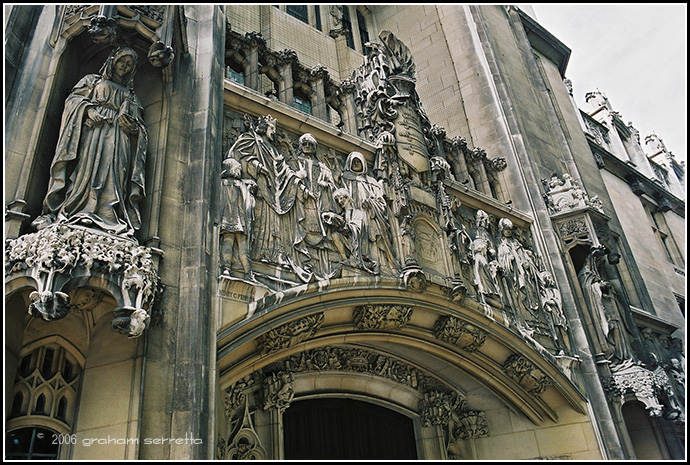 This is the ominous facade of the headquarters building of the County of Middlesex, in which the City of Westminister and the City of London lie. The atmospheric polution has had a bleaching effect on the stone figures making them look ghostly and sinister. No doubt that's how many residents look on the councillors.<br />*<br />*