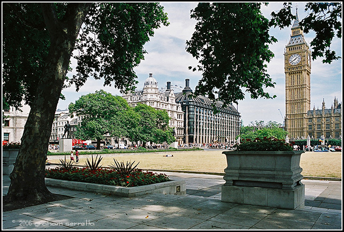 Here's St Stephen's Tower on the right, aka Big Ben, and the parliamentary office building with the grotesque black chimneys and looking like a Victorian Hot-house on the left, taken from the park opposite Westminister Abbey:<br />*<br />*